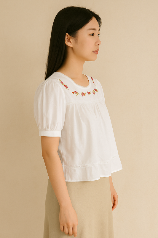 Floral Embroidery Cotton Tops