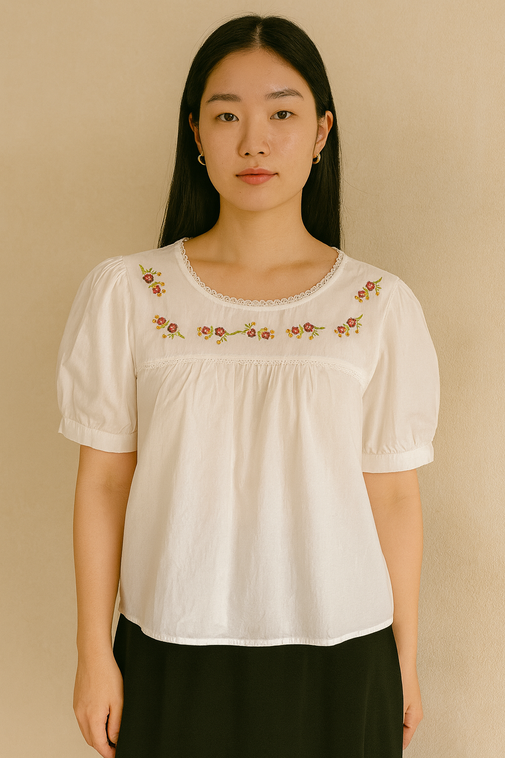 Floral Embroidery Cotton Tops